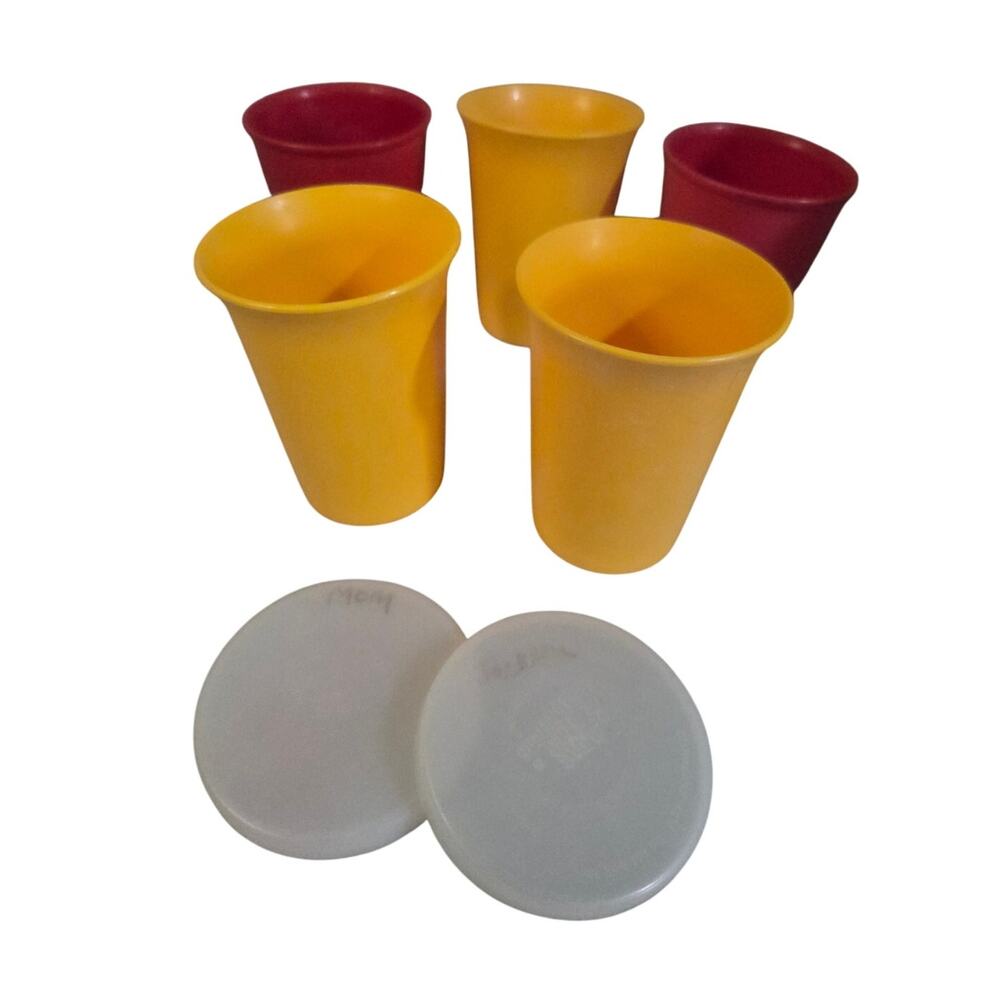 Vtg Lot 5 Tupperware Red Yellow 10 1229 Snack Cups with 9 297 Matching Lids